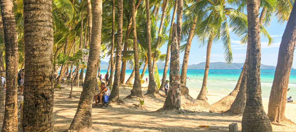 Relaxing at the palm trees at the waterfront in boracay, philipines