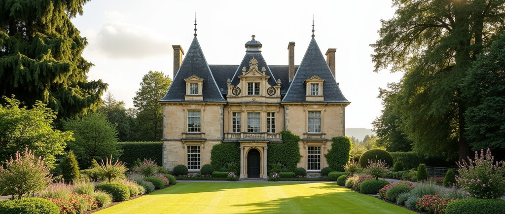 A summertime calm view of the chateau spa organic wellness resort.