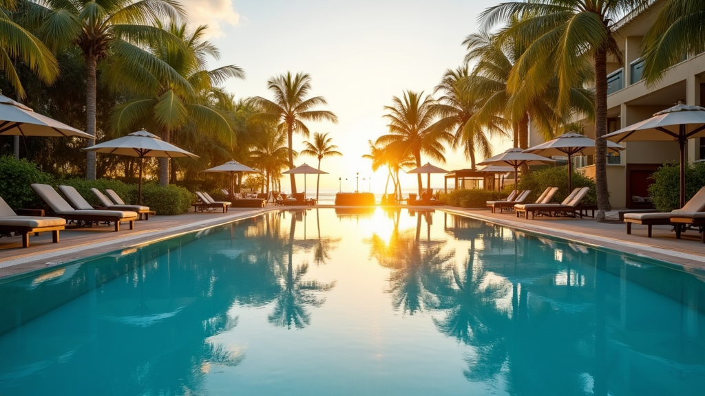 Calm Serene View Of Morning Sunrise Over The Pool Area