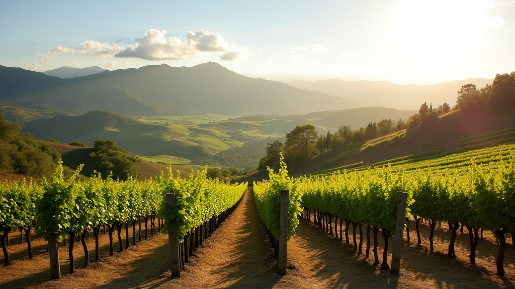 A lush St. Helena vineyard landscape with mountains in the background and sunlight streaming through rows of grapevines.