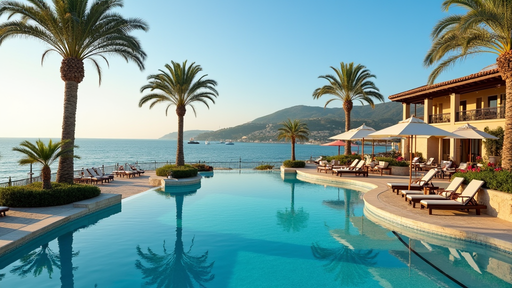 A Mediterranean-style beachfront resort with pool, palm trees, and scenic views of the Balearic coast