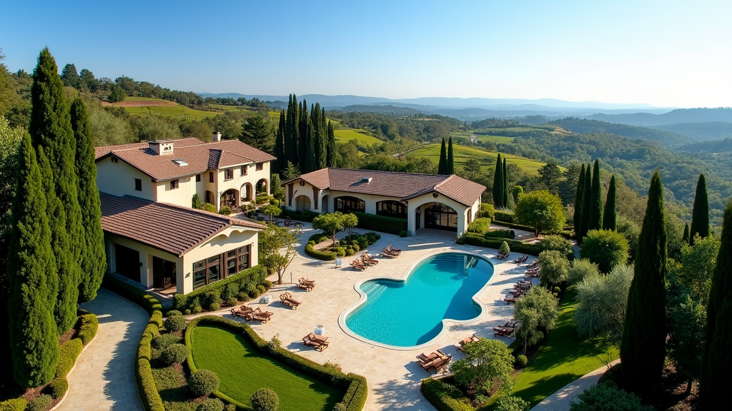 Sprawling luxury resort in Napa Valley with lush vineyards, elegant pools, and forested walking trails under clear blue skies.
