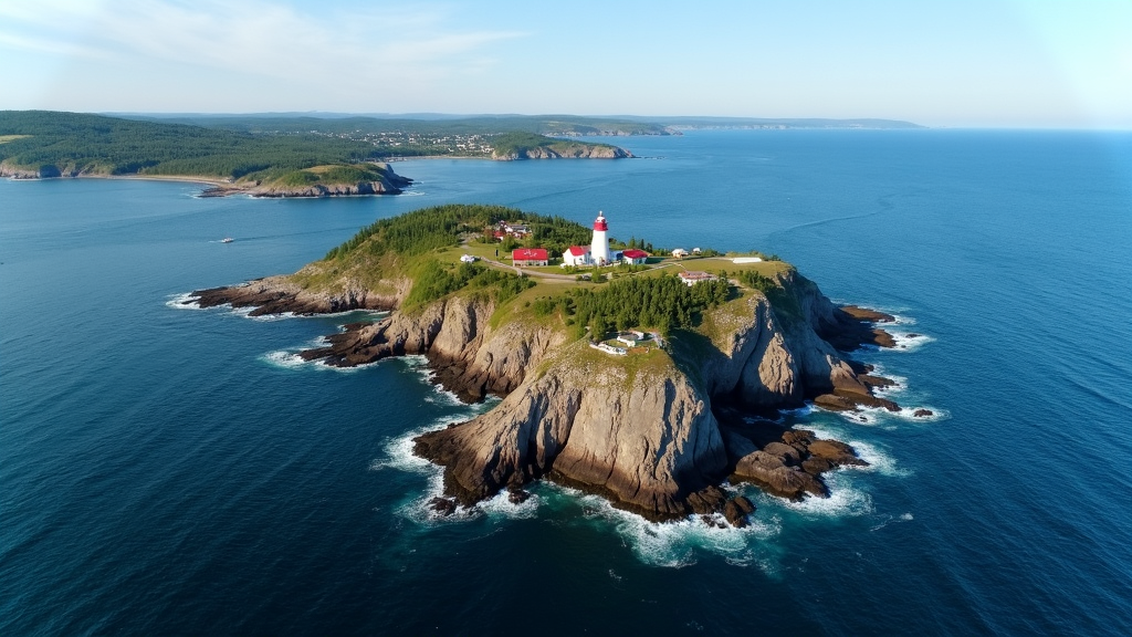 A stunning aerial view of Nova Scotia's rugged coast, dotted with lighthouses and seaside villages, surrounded by deep blue Atlantic Ocean.