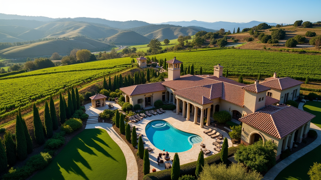 Aerial view of Napa Valley luxury resort surrounded by vineyards and greenery