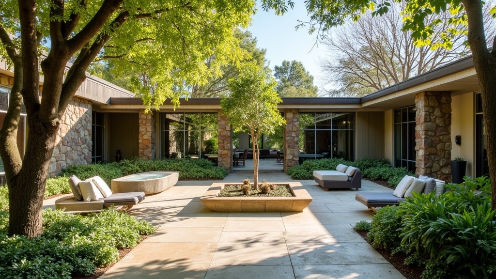Serene courtyard and garden area at Bardessono Hotel and Spa, Yountville, surrounded by greenery and modern architecture